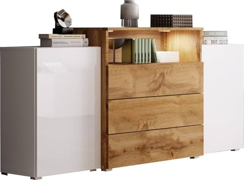 MINIO go for it - Kommode Korfu III Sideboard 150 cm mit Schubladen/LED | Farbe: Weiss matt / Wotan Eiche / Weiss Hochglanz mit LED Beleuchtung