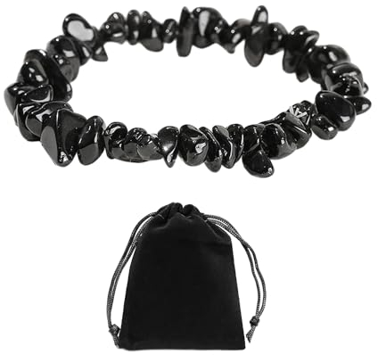 DAZZLUXE Schwarzes Naturstein-Armband Mit Samtbeutel - Elastisches Edelstein-Armband Aus Unregelmäßigem Schwarzem Turmalin - Heilarmband Für Männer Und Frauen