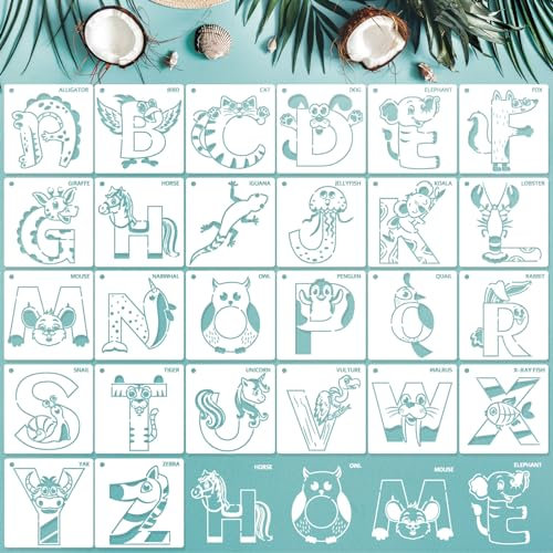MWOOT 26 Stück Tier Alphabet Schablonen Stencils, Wiederverwendbares Initial Letter Malerei Vorlage Bemalen, DIY Schablone Malen an Wand für Feinmotorik, Geschenkkarte, Schultasche (12,7x12,7CM)