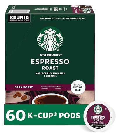 Starbucks K-Cup Coffee Pods, Dark Roasted Coffee, Espresso Roast for Keurig Coffee Machines, 100% Arabica, 6 Boxes (Total 60 Capsules)