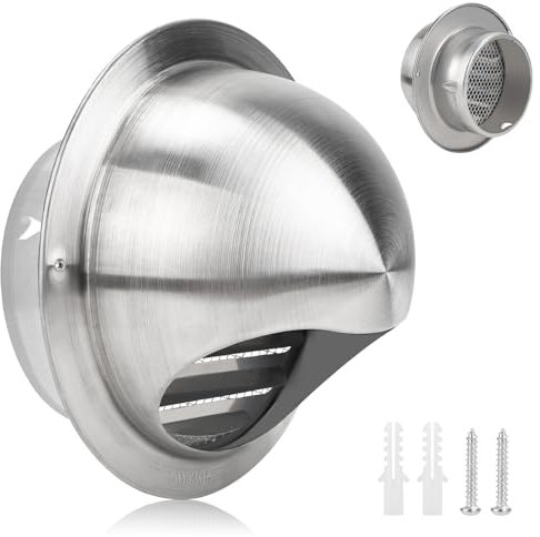 LALAGO Rejilla de ventilación redonda, 100 mm de acero inoxidable, rejilla de ventilación de salida de aire, válvula antirretorno integrada, rejilla de protección contra la intemperie con mosquitera