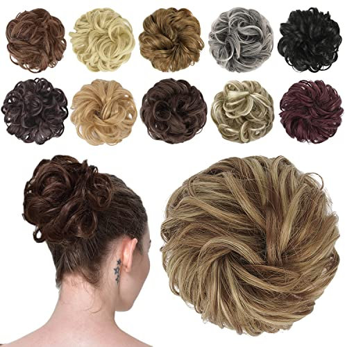 FESHFEN Haarteil Mit Gummiband, Dutt Haarteil Haargummi Mit Haaren Gelockt Haardutt Synthetisch Haar Haarverlängerung Pferdeschwanz Haarteile für Damen Mädchen, Braun & Blond 42g