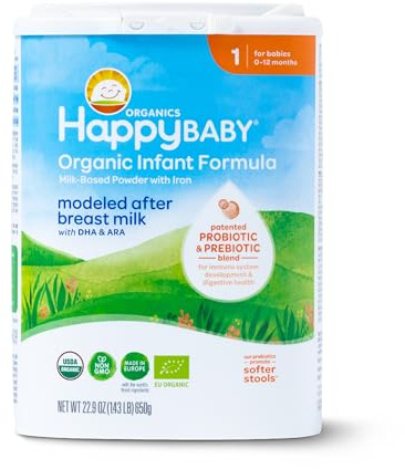 Happy Baby Organics Stage 1 Infant Formula, 0 12 Months, Milk Based Organic Baby Formula Powder with Iron, Probiotics & Prebiotics for Immune & Digestive Support, 22.9 Ounce (Pack of 1)