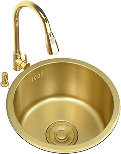 Fregadero de barra redonda con grifo extraíble, fregadero de cocina dorado de acero inoxidable, fregadero hecho a mano para lavabo de verduras