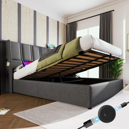 Kayan Polsterbett Stauraumbett Hydraulisch Doppelbett 180x200cm, Bett mit USB und Großer Stauraum, Lattenrost aus Metallrahmen, Boxspringbett Rückenlehne Bettgestell, Leinen (Grau, 180x200cm)