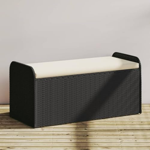 Sitzbank mit Stauraum & Kissen Schwarz 115x51x52 cm Poly Rattan,Bequeme Gartenbank mit Stauraum aus Polyrattan ideal für Gartenkissen, Gartengeräte und mehr Terrassen Sitzmöbel