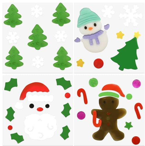 4 Stück weihnachtliche Gel-Fensteraufkleber für Kinder, süße Fensteraufkleber mit Weihnachtsmann-Weihnachtsbaum und Schneeflocke, einfach zu verwendende sticker weihnachten fenster dekoration