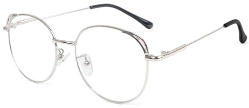 MMOWW Blaulichtfilter Lesebrille Damen Herren Katzenohr Runde Retro | Metall Frame, Retro Lesehilfen, Mode Brille， Silber, +2.5