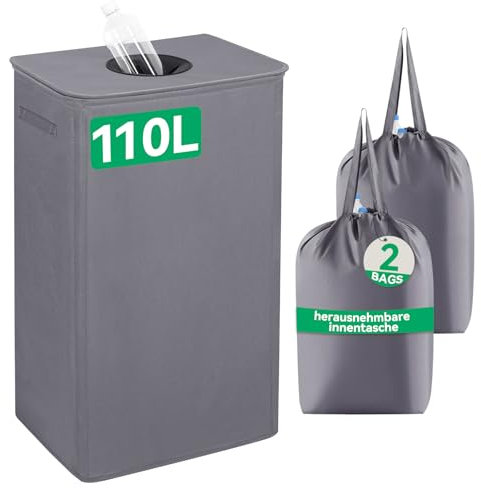 WOWLIVE Pfandflaschen Sammelbehälter,110L Flaschensammler Leergut mit Deckel & 2 Tragetasche,Flaschensammler mit Loch Küche Abstellraum Flaschentasche,Grau