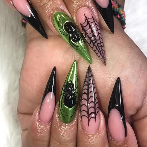 MouyouGlow Press on Nails Long,Stiletto Halloween Spinnennetz Schwarz French 3D Spinnen Skull Creepy Spooky Horror Gothic Fake Nails with Nagelkleber,Black Tips Künstliche Fingernails nails-HAE5