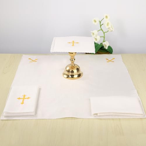 TALPGOD 4 Pcs Altar Supplies Linen Corporal for Churches Set(Pall,Corporal,Purificator,Towel),White Linen Altar Cloth Gold Cross Embroidery,Mass Kit Catholic for Priest
