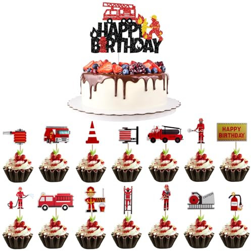 Feuerwehr Geburtstag Deko Cake Topper, 15 Stück Feuerwehr Tortendeko Kindergeburtstag Feuerwehr Kuchen Deko Happy Birthday Tortendeko Fire Truck Cupcake Toppers für Mottopartys Kuchendekorationen