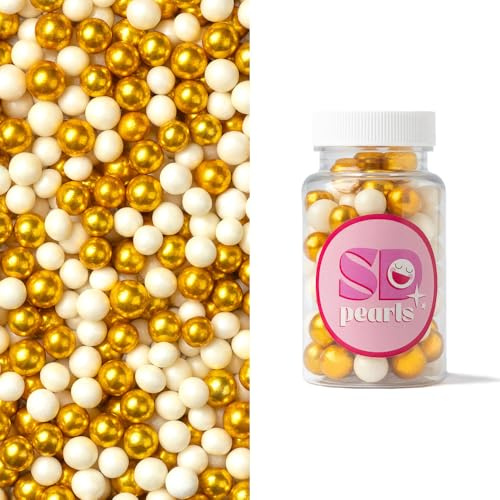 SD Pearls Streuselmix, Bunte Zuckerstreusel & Perlen Mix „Gold & Weiß“ 10mm | 90g, Essbare Tortendeko für Kuchen, Muffins & Cupcakes, Zuckerperlen für Torte, ideal als Backzubehör für Geburtstage