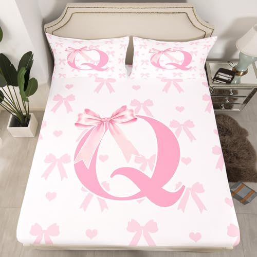 Schickes Bettwäsche-Set mit Initial-Buchstabe Q, verträumte Schleife, Liebesherzen, Kawaii-Rosa, tiefe Tasche (ohne Bettlaken), Prinzessinnen-Stil, rosa Schleife, romantischer Matratzenbezug,
