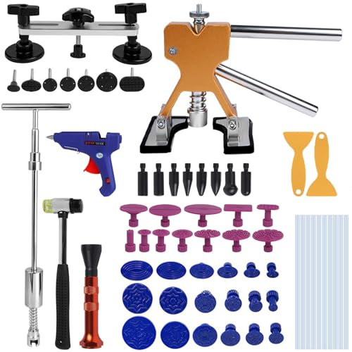 Sleeleece 66pcs Car Dellen Reparaturset Dellen Reparatur Ausbeulwerkzeug Einstellbare Breite Golden Lifter, Gleithammer und Metall Brücken Abzieher für Fahrzeug Dellen Entfernen
