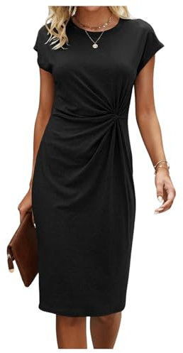 GORGLITTER Women's Twist Front Pencil Knee Length Shirt Dresses Cap Sleeve Crewneck Elegant Vacation Dress Black Large