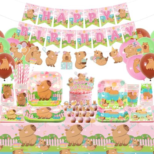 Obussgar Pink Capybara Birthday Party Decorations - Capybara Party Accessories Including Banner, Plate, Cake Topper, Cup, Napkin, Balloon, Tablecloth - for 20 People (LQ)