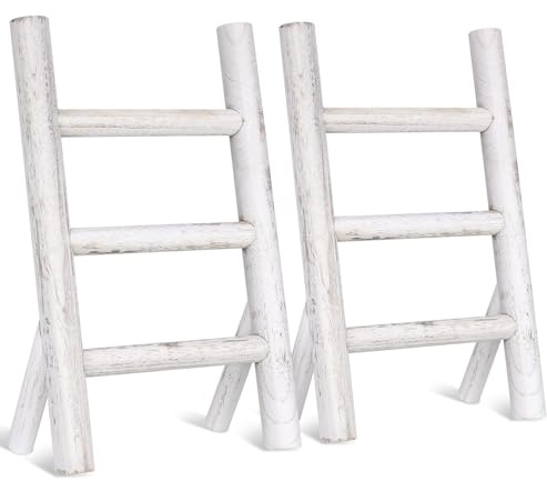 Cinnvoice 2 Pcs Wooden Tea Towel Ladder Rustic Hand Towel Stand Rack Mini Countertop Towel Stand Farmhouse Wood Counter Towel Holder for Bathroom Country Kitchen Office (White)