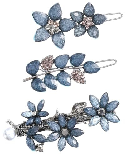 3 Stück Blume Haarspangen Haarschmuck Blau mit Strasssteinen Vintage Strass Blumenschmuck Haare Französische Haarnadeln Glitzer Haarklammer Haar-Accessoires für Damen Braut Verlobung Valentine