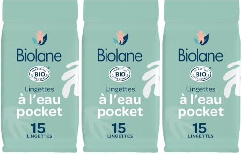 BIOLANE – Lingette à l'eau Pocket BIO – 15 Lingettes Naturelles Composées à 99% d’Eau pour tout le Corps de votre bébé – Utilisables dès la Naissance – Peaux Sensibles – Format Pratique (Lot de 3)