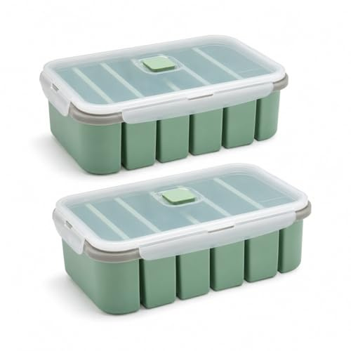 Wapasezyar Contenitori in silicone per congelatore, 2 pezzi, stampo per cubetti di ghiaccio a 6 fori con coperchio, contenitori per alimenti, zuppe, brodi, salse e burro (Verde)