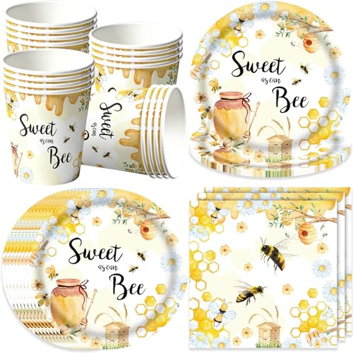 pekifaves Bienen Partygeschirr Set 16 Gäste, Biene Partyteller Pappteller | Geburtstag Geschirr Kindergeburtstag, Einwegteller Pappbecher Servietten, für Mädchen Junge Kindergeburtstag Deko