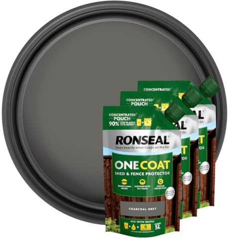 Ronseal One Coat Shed & Fence Protector 950ml Charcoal Grey 3 Pack Makes 15L with Mixing Tub