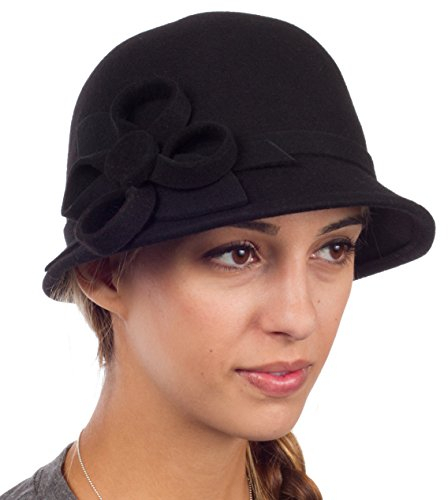 Sakkas 0121LC - Womens Vintage Style 100% Wolle Cloche Eimer Winter Hut mit Band Blume Akzent - Schwarz/One Size