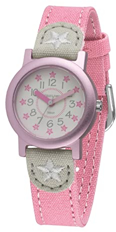 JACQUES FAREL Öko Kinderarmbanduhr Mädchen Analog Quarz mit Textilarmband aus Bio-Baumwolle Rosa Grau Sterne Nachhaltig ORG 02 STA