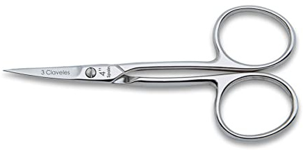 3 Claveles - Tijera de bordar curva de 10 cm - 4, en acero carbono, tijera profesional para labores de bordado e hilo, niquelada