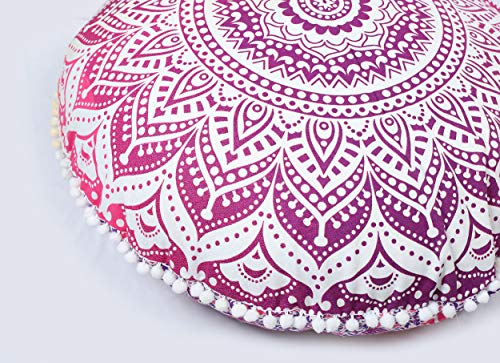 Popular Handicrafts Bodenkissen – Hippie-Mandala-Kissen groß mit Pompons weichen Partikeln – Pouf-Bezug rund böhmische Yoga-Dekoration, 81,3 cm, Rosa / Lila