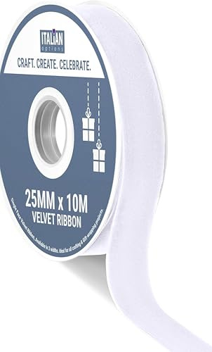 Italian Options Velvet Ribbon, Luxury, Single-Face Velvet Ribbon for Crafting, Christmas, Bows, Hair, Cakes, Weddings, Ornaments, Gift Wrapping, Flowers, 25mm x 10 Metre Roll, White