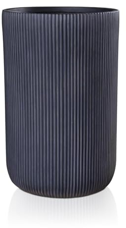 IDEALIST Outdoor 36.5cm Tall Planter | Ribbed Black Reinforced Stone Vase Flower Pot | Garden Planters with Drainage Holes D24.5 H36.5 cm, with Inner Top D20.5 cm, 11 litres