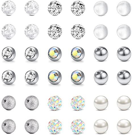Incaton 36Stk Bauchnabelpiercing Kugel Ersatz 5mm Piercing Kugeln Set,Schraubkugel Piercing Gewinde Set aus 316L Chirurgenstahl 1,6mm Gewinde