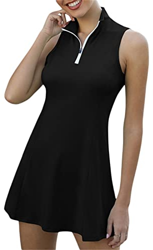 PDYLZWZY Tenniskleid für Damen, Tennis-Golf-Kleider mit eingebauten Shorts und Taschen für ärmellose sportliche Trainingskleider (Black, XXL)