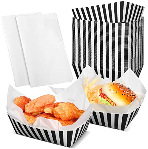Rtteri 50 Pcs Black and White Striped Party Food Trays with Greaseproof Liner, Rectangular, 6.3 x 4.3 x 2 Inches, 50 Trays + 50 Liners, Carnival, Circus, Food Truck Party Supplies