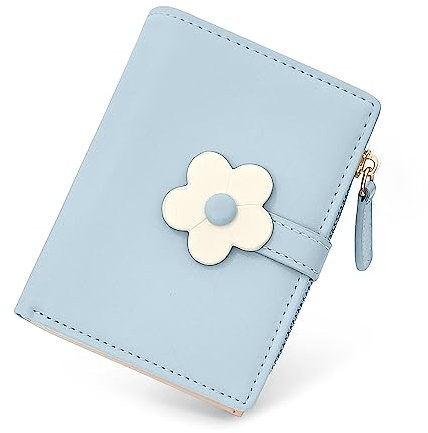 SNCCJ Süß Portemonnaie Damen, Bifold Leder Klein Geldbörse Damen mit RFID Schutz, Geldbeutel Mädchen mit Reißverschluss Münzbeutel (Blaue Blumen)