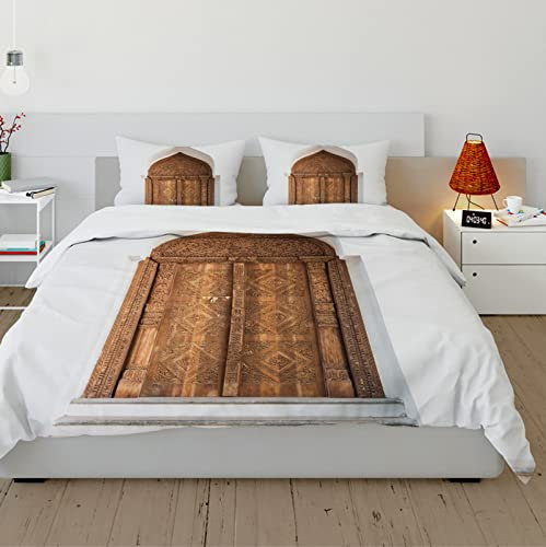 HengYun ART Housse de Couette Blanche Housse de Couette de Porte Marron Ensembles de Housses de bâtiment Classiques Vintage Rustic Farmhouse Literie Housse de Couette 2 Oreiller Shams 230x220cm