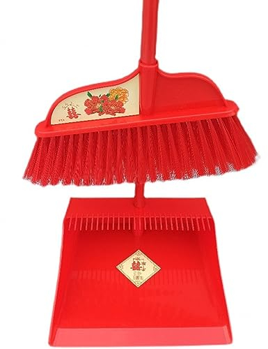 VIDECOR Broom and Dustpan/Broom Upgraded Broom and Dustpan Set Extendable Broomstick and Dust Pan Combo for Home Kitchen Room Office Red Broom and Dustpan Combo