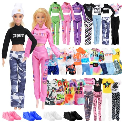 23 vestiti per bambole da 30 cm, 1 abbigliamento sportivo + 4 pantaloni corti + 7 top + 1 maglietta tuta pantaloni con cappello + 1 abbigliamento casual + 2 gonna corta + 4 paia di scarpe, abiti per