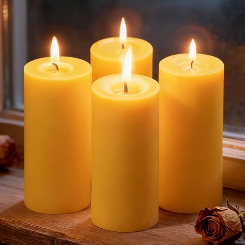 35 timmar bivax pelare ljus bulk, rena naturliga bivaxljus set med 4, rökfritt droppfritt 2 x 4 pelarljus för bröllopsdag, heminredning, avslappning, 100 % rena bivaxljus