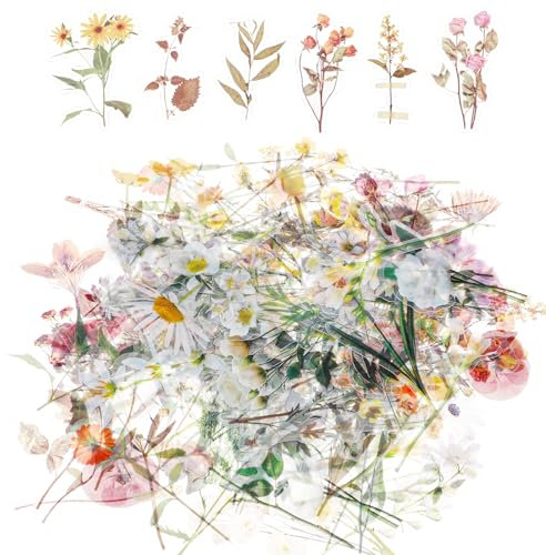 120 Pcs Flower Scrapbook Stickers Natural Flowers Stickers for Scrapbooking Transparent PET Floral Sticker Set for Scrapbook Supplies Craft Card Laptop