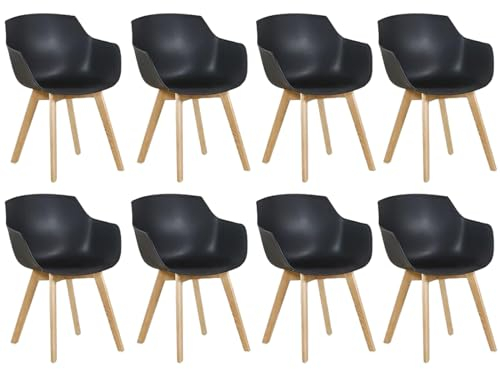 EGGREE Esszimmerstühle 8er-Set mit Beinen aus massivem Buchenholz, Retro-Design, Küchenstühle aus Holz, Wohnzimmerstuhl mit Armlehnen - Schwarz