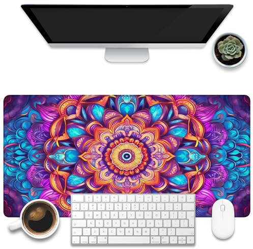 KOAIWPAE Schreibtischunterlage, bunte Mandala-Blumen, großes Gaming-Mauspad, 80 x 39,9 cm, erweitertes großes Computer-Tastatur-Mauspad mit rutschfester Unterseite und genähtem Rand