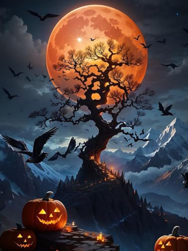 Halloween Diamond Painting DIY Set,ürbis und Mondlicht 5D Diamond Painting Kits,Halloween und Herbstdekor,Kunst und Handwerk für Wanddekoration,halloween-geschenk für Kinder & Erwachsene(30x40cm)