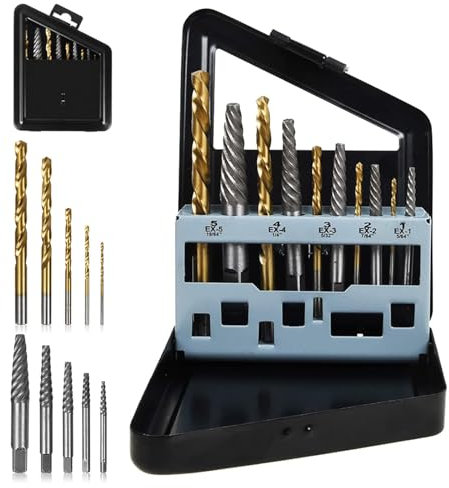 10 Pcs Screw Extractor & Left Hand Drill Bit Set, 2 In 1 Easy Out Bolt Extractor, Bolt Remover with Metal Index Case, Alloy Spiral Flute Drill Bits Tool Kit for Remove Stripped Damaged Screws (Black)