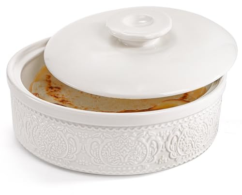 SOUJOY Ceramic Tortilla Warmer, 8.5 Inch Embossed Taco Holder with Lid, Microwave and Oven Safe Tortilla Storage Container for Mexican Party Tuesday Night, Hold up to 12 Tortillas, White