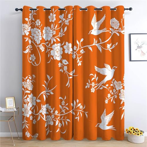 Lot de 2 rideaux occultants à isolation thermique avec œillets - Style chinois - Motif floral et oiseaux - Pour salon - 117 x 183 cm - Décoration d'intérieur