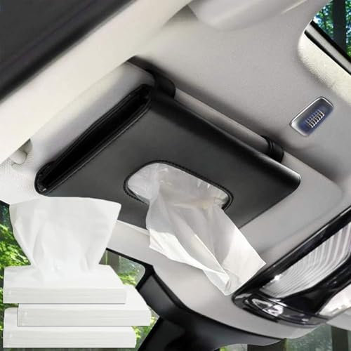 PU Leather Car Tissue Holder, Black Tissue Box Holder with 3Packs Facial Tissues, Multifunctional Black Car Tissues Face Mask Box for Sun Visor Seat Door