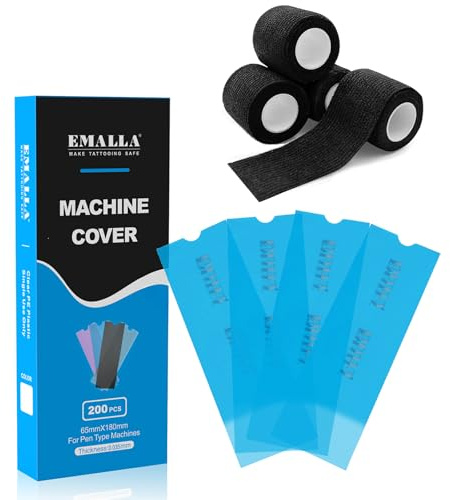 EMALLA 200pcs Tattoo Machine Cover & 4rolls Grip Tape | Self-Seal Waterproof Gun Wrap(Blue) and Tattoo Machine Cover Tapes(Black) for Tattoo Kit Supplies